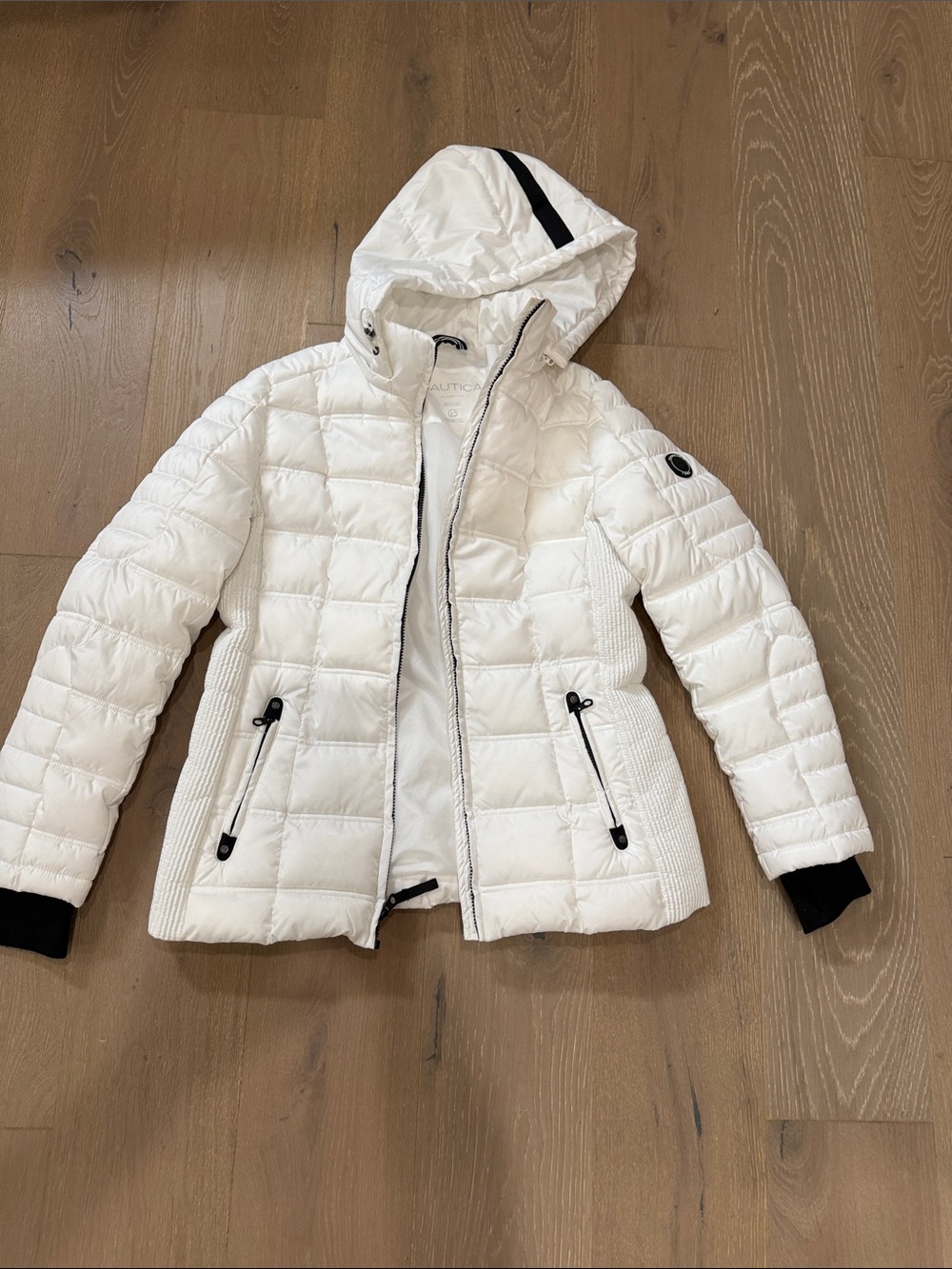 Nautica White Quilted Hooded Puffer Jacket with Black Trim